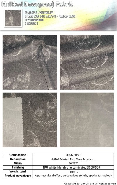 WJ-WNSN 針織羽絨面料13  Composition：50%Nylon 50%Polyester  Description:40#雪柳+空間+TPU低透明  Product advantages:特別的工藝帶來完美效果體現 正面照